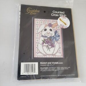 Golden Bee Rabbit and Violets Counted Cross Stitch Kit 60403 Vintage 1990 Bunny